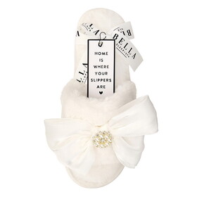 Bella R0693 Plush Slippers - White + White Crystal Bow