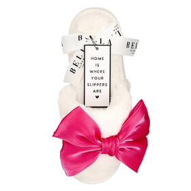 Bella R0845 Plush Slippers - Ivory + Hot Pink Bow