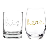 Wedding R1593 DOF + Stemless Wine Glassware Set - His/Hers