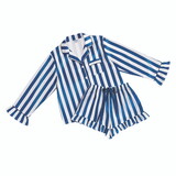 Bella R5384 Long Sleeve Ruffle Top + Ruffle Short PJ Set With Velvet Tie - White + Ocean Blue Cabana Stripe