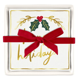 PURE Design R7344 Ceramic Napkin Tray + Napkins - Happy Holidays