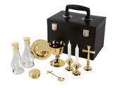 Sudbury YD045 Mass Kit With Case, Polished Brass Includes Chalice, Paten, 2 Glass Cruets, Cross, Spoon, 2 Candle Holders & Pyx