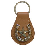 Intrepid International Key Fob Star In Horseshoe with Clear Stones Nickle Silver with Brown Leather