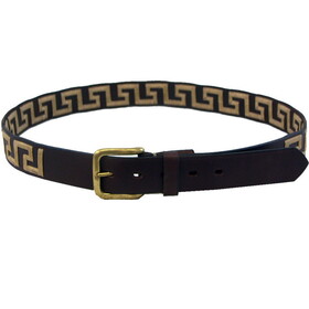 Intrepid International Leather Greek Key Design Belt Brown with Tan Stitches