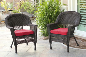 Jeco Espresso Wicker Chair With Brick Red Cushion - Set of 4
