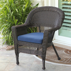 Jeco Espresso Wicker Chair With Midnight Blue Cushion