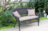 Jeco Espresso Wicker Patio Love Seat With Brown Cushion and Pillows