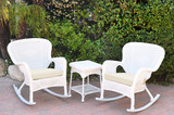 Jeco Windsor White Wicker Rocker Chair And End Table Set With Ivory Chair Cushion