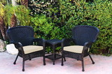 Jeco Windsor Black Wicker Chair And End Table Set With Ivory Chair Cushion
