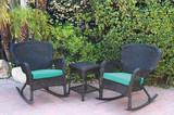 Jeco Windsor Black Wicker Rocker Chair And End Table Set With Turquoise Chair Cushion