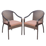 Jeco Set of 2 Cafe Curved Stacking Wicker Chairs - Brown Cushions