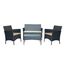 Jeco Aoife 4PC Steel Black Resin Wicker Patio Conversation Set with 2" Tan cushion