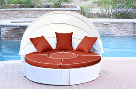 Jeco All-Weather White Wicker Sectional Daybed - Brick Red Cushions