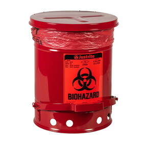 Justrite 05910R 6 Gallon Steel Biohazard Waste Can, Foot-Operated Self-Closing, Red - 05910R