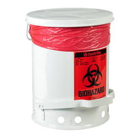 Justrite 05910 6 Gallon Steel Biohazard Waste Can, Foot-Operated Self-Closing, White - 05910