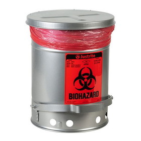 Justrite 05914 6 Gallon Steel Biohazard Waste Can, Foot-Operated, Self-closing SoundGard&trade; Cover, Silver - 05914