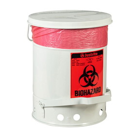Justrite 05915 6 Gallon Biohazard Steel Waste Can, Foot-Operated Self-Closing, SoundGard&#153; Cover, White - 05915