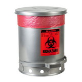 Justrite 05934 10 Gallon Steel Biohazard Waste Can, Foot-operated, Self-closing, SoundGard™ Cover, Silver - 05934