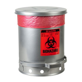Justrite 05934 10 Gallon Steel Biohazard Waste Can, Foot-operated, Self-closing, SoundGard&trade; Cover, Silver - 05934