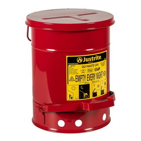 Justrite 09100 6 Gallon, Steel Oily Waste Can, Hands-Free, Self-Closing Cover, Red - 09100