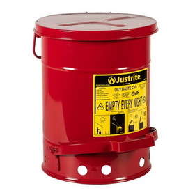 Justrite 09108 6 Gallon, Oily Waste Can, Hands-Free Self-Closing Cover, SoundGard&trade;, Red - 09108