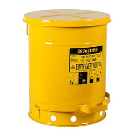 Justrite 09301 10 Gallon, Oily Waste Can, Hands-Free, Self-Closing Cover, Yellow - 09301