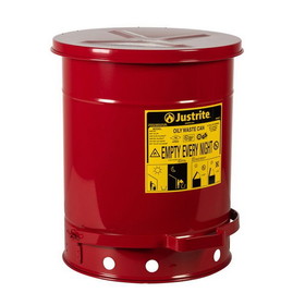 Justrite 09308 10 Gallon, Oily Waste Can, Hands-Free, Self-Closing Cover, SoundGard&trade;, Red - 09308