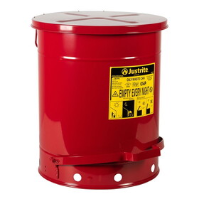 Justrite 09500 14 Gallon, Oily Waste Can, Hands-Free, Self-Closing Cover, Red - 09500