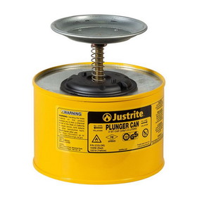 Justrite 10218 2 Quart Steel Plunger Dispensing Can, Perforated Pan Screen Serves as Flame Arrester, Yellow - 10218
