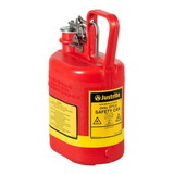 Justrite 14160 1 Gallon Plastic Safety Can for Flammables, Oval, Flame Arrester, Stainless Steel Hardware, Red - 14160