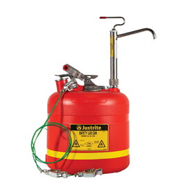 Justrite 14586 5 Gallon Plastic Safety Can, with Stainless Steel Piston Pump, Red - #14586