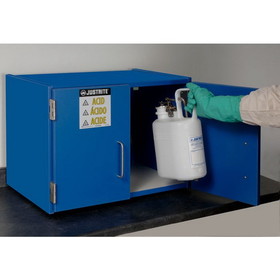 Justrite 24120 Holds Six 2.5-Liter Bottles, 2 Doors, Manual Close, Wood Laminate Corrosives Safety Cabinet, Countertop, Blue - 24120