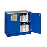 Justrite 24140 Holds 36, 2.5-Liter Bottles, 1 Shelf, 2 Doors, Manual Close, Wood Laminate Corrosives Safety Cabinet, Under Counter, Blue - 24140
