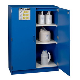 Justrite 24150 Holds 49, 2.5-Liter Bottles, 2 Shelves, 2 Doors, Manual Close, Wood Laminate Corrosives Safety Cabinet, Blue - 24150