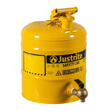 Justrite 7150240 5 Gallon Steel Safety Can for Laboratories, Type I, Bottom Brass Flow-Control Faucet, Yellow - 7150240