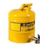 Justrite 7150250 5 Gallon Steel Safety Can for Laboratories, Type I, Rigid Bottom Brass Faucet, Yellow - 7150250