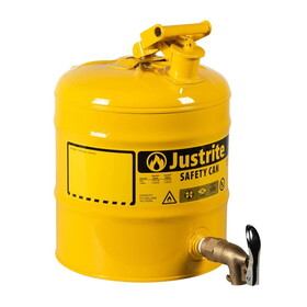Justrite 7150250 5 Gallon Steel Safety Can for Laboratories, Type I, Rigid Bottom Brass Faucet, Yellow - 7150250
