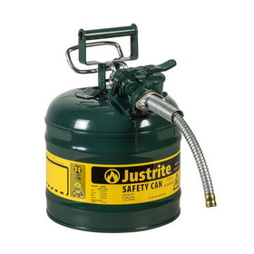 Justrite 7220420 2 Gallon, 5/8" Metal Hose, Steel Safety Can for Oil, Type II, AccuFlow&trade;, Green - 7220420