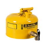 Justrite 7225250 2.5 Gallon Steel Safety Can for Laboratories, Type I, Rigid Bottom Brass Faucet, Yellow - 7225250