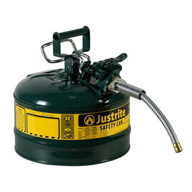 Justrite 7225420 2.5 Gallon, 5/8" Metal Hose, Steel Safety Can for Oil, Type II, AccuFlow&trade;, Green - 7225420