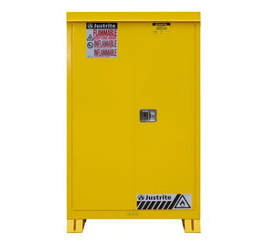 Justrite 814500 45 Gallon, 2 Shelves, Manual Close Doors, Outdoor Flammable Storage Cabinet, Yellow