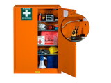 Justrite 860002 4 Shelves, 2 Doors, Manual Close, Emergency Preparedness Cabinet with GloAlert Labels, Electrical Pass-Thru, PowerPort™, Orange - 860002