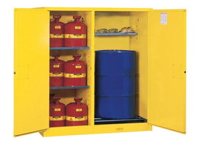 Justrite 899260 115 Gallon, 1 Drum, 3 Shelves, 2 Doors, Manual Close, Double Duty Flammable Cabinet with Drum Rollers, Sure-Grip&reg; EX, Yellow - 899260