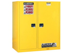 Justrite 899270 115 Gallon, 1 Drum, 3 Shelves, 2 Doors, Self Close, Double Duty Flammable Cabinet with Drum Rollers, Sure-Grip&reg; EX, Yellow - 899270