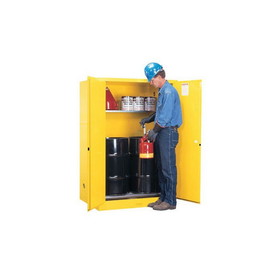 Justrite 899060 60 Gallon, 2 Drum Vertical, 1 Shelf, 2 Doors, Manual Close, Safety Cabinet With Drum Rollers, Sure-Grip&reg; EX, Yellow - 899060