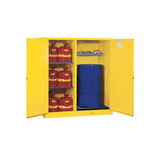 Justrite 899260 115 Gallon, 1 Drum, 3 Shelves, 2 Doors, Manual Close, Double Duty Flammable Cabinet with Drum Rollers, Sure-Grip® EX, Yellow - 899260