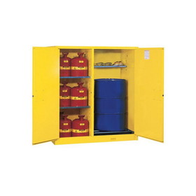 Justrite 899260 115 Gallon, 1 Drum, 3 Shelves, 2 Doors, Manual Close, Double Duty Flammable Cabinet with Drum Rollers, Sure-Grip&reg; EX, Yellow - 899260