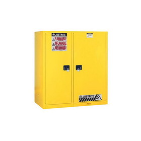 Justrite 899270 115 Gallon, 1 Drum, 3 Shelves, 2 Doors, Self Close, Double Duty Flammable Cabinet with Drum Rollers, Sure-Grip&reg; EX, Yellow - 899270