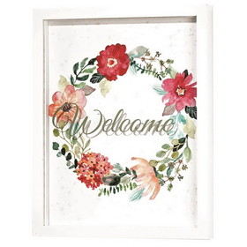 Dicksons FRMWDW-1114-35 Frmd Wall Welcome Floral Wreatwd/Gls Wht