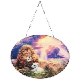 Dicksons SUNCG-1011 Oval Suncatcher Laying Lion And Lamb 9In
